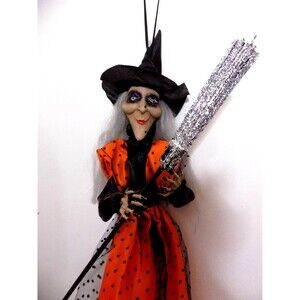NEW Halloween Flying Witch With Broom Figurine Decor Hanging By Boos & Bones